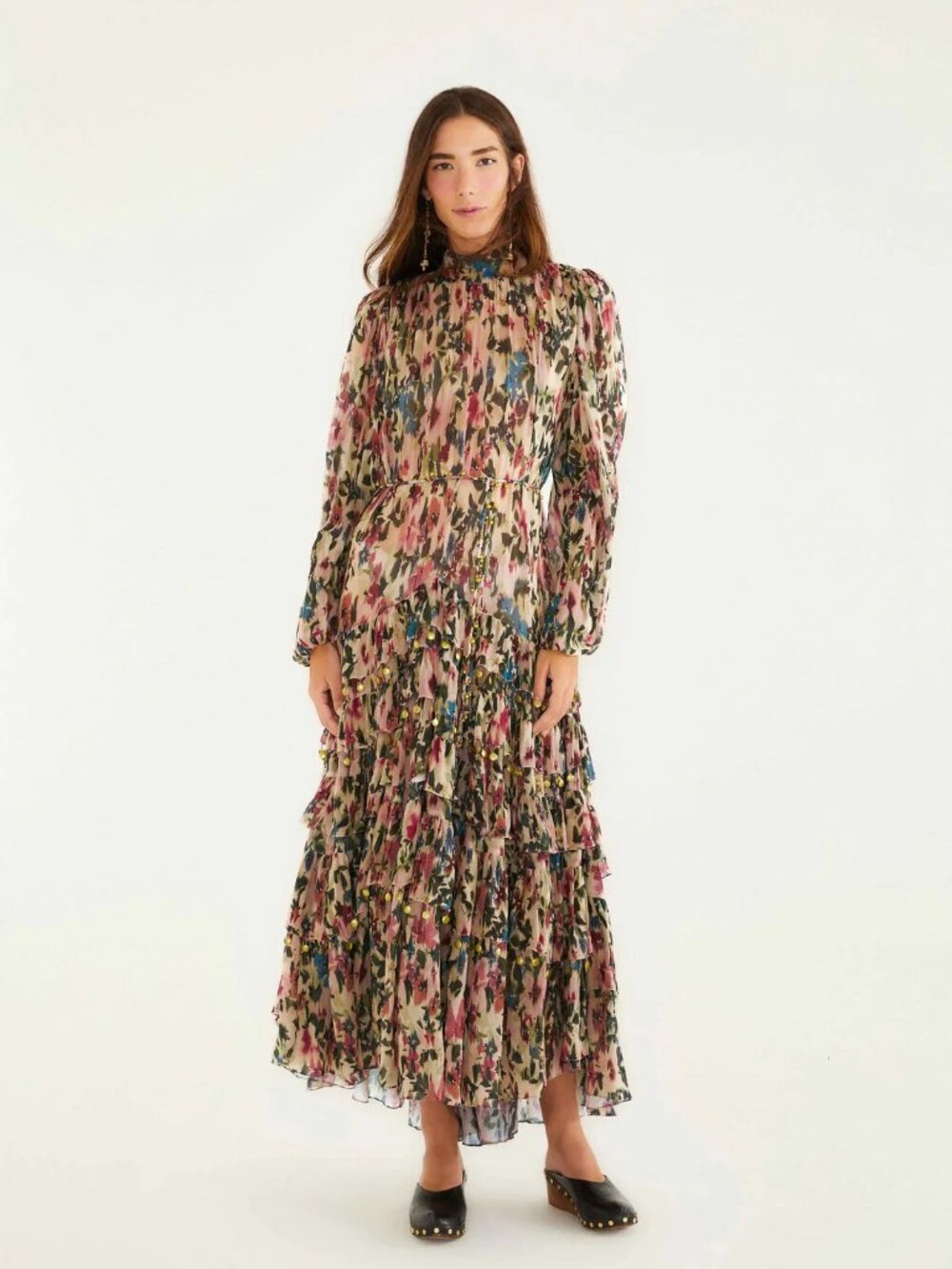 Farm Rio Blurry Tiny Flowers Pink Long Sleeve Maxi Dress NWT L